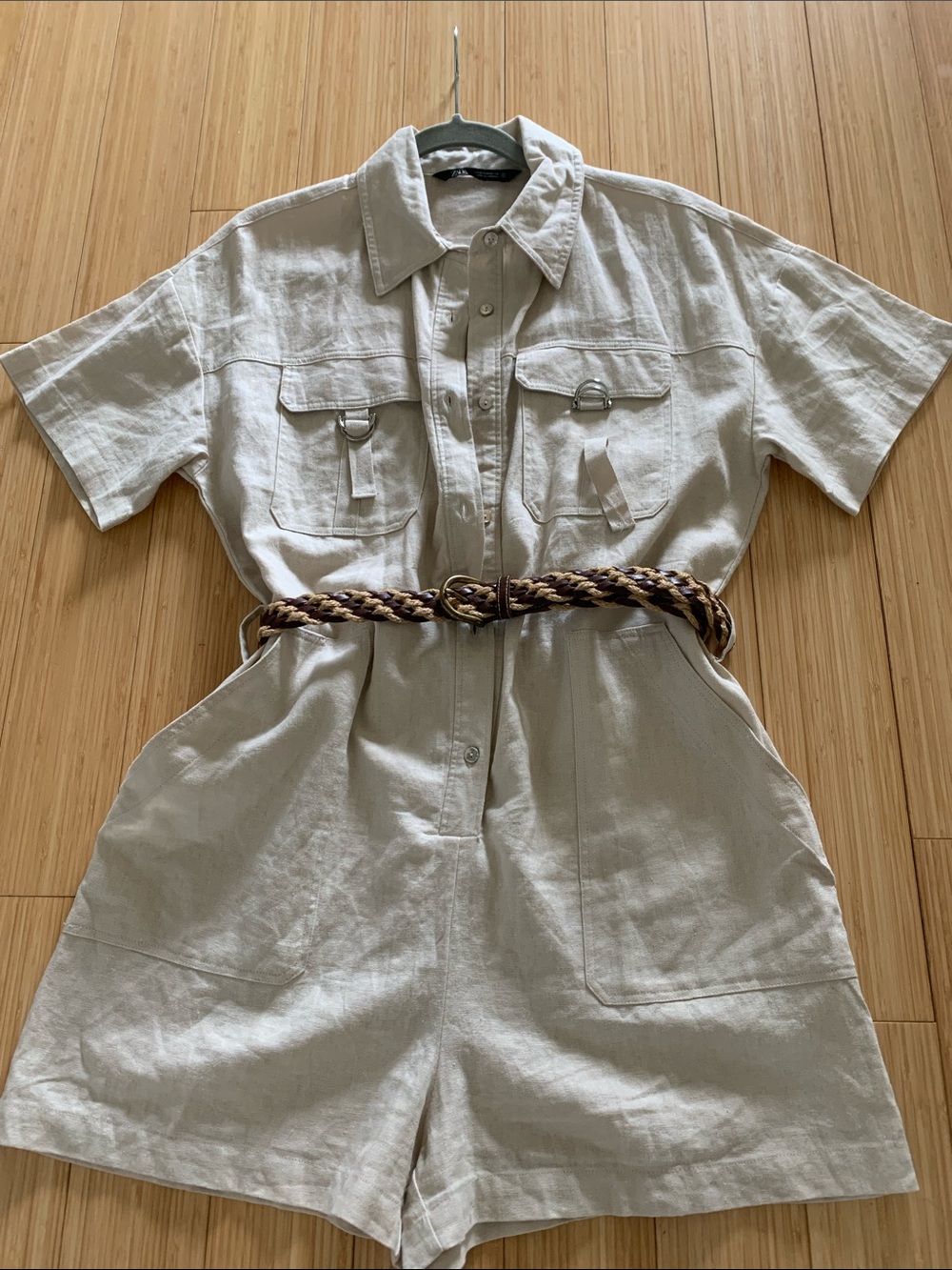 Zara. Beige Linen Safari Romper with Braided Belt
